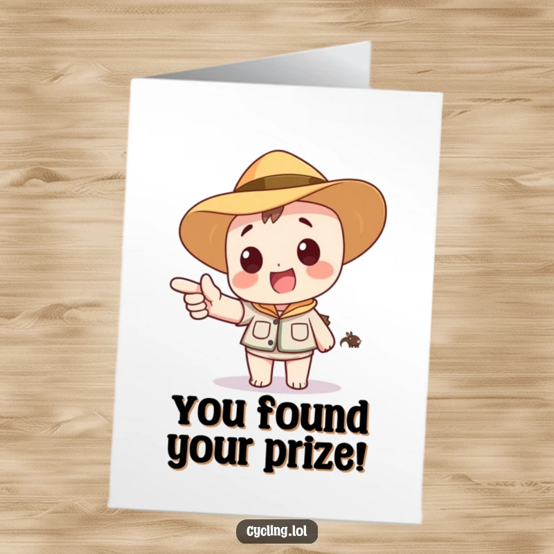 Funny Free Printable Congratulations Card: Safari character excitedly spots a cartoon animal, celebrating a thrilling discovery or achievement.