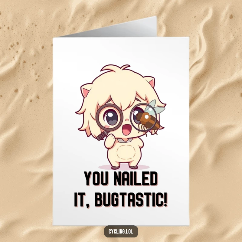 Funny Free Printable Congratulations Card: Character with monocle excitedly observes a magnified insect, celebrating success.