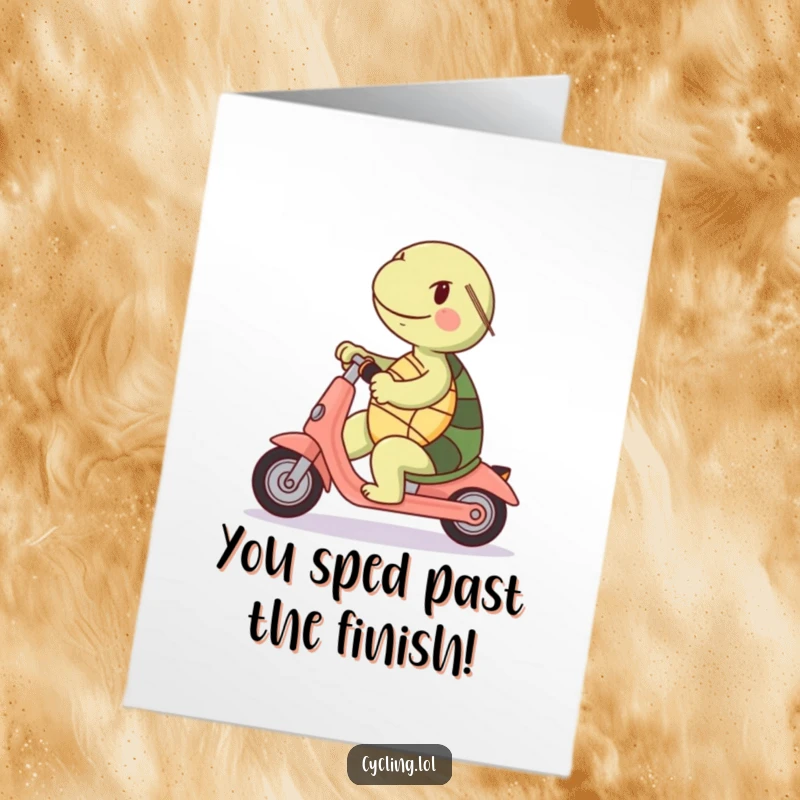 Funny Free Printable Congrats Card: A determined turtle rides a scooter backwards, symbolizing an unconventional but successful path.