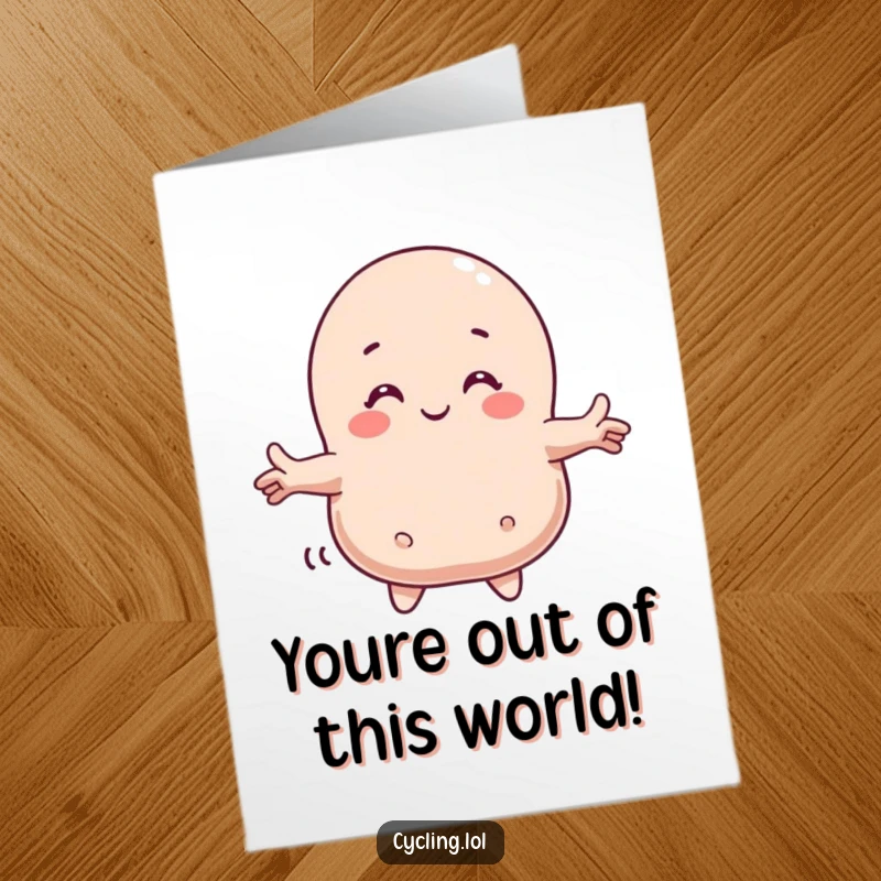 Funny free printable congratulations card: a character embraces a friendly comet, symbolizing a successful journey or achievement.