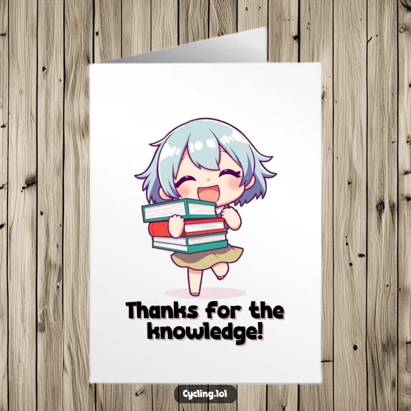 Funny Free Printable Thank You Card with a joyful character overloaded with books, nearly losing balance, conveying deep thanks.