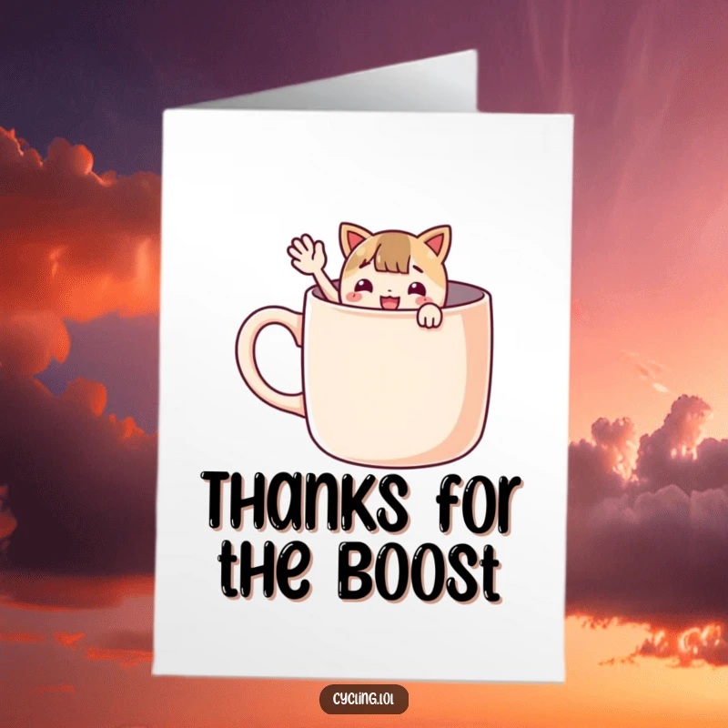 Funny free printable thank you card with a character waving enthusiastically from a giant mug, conveying sincere gratitude with a cheerful, coffee-themed twist.