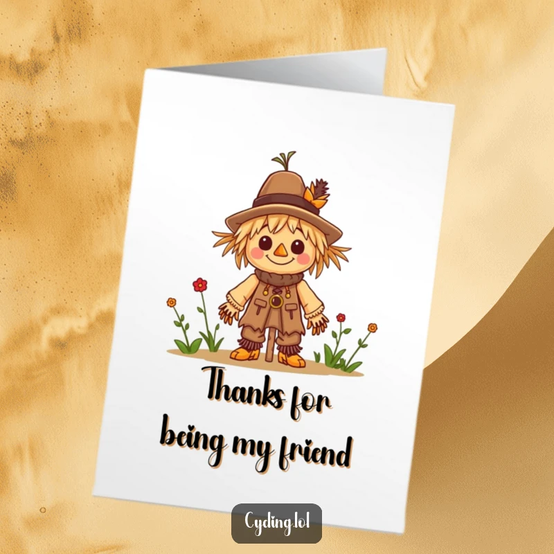 Funny Free Printable Thank You Card: A cheerful character concentrating on building a small scarecrow, conveying thanks.