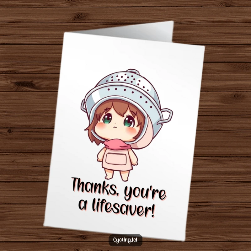 Funny Free Printable Thank You Card: Character wearing a colander helmet looks up with wonder, expressing thanks creatively.
