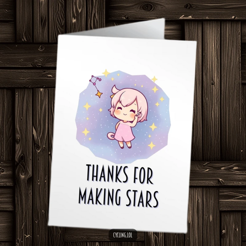 Funny free printable thank you card: a character draws a constellation, symbolizing gratitude like a guiding star.