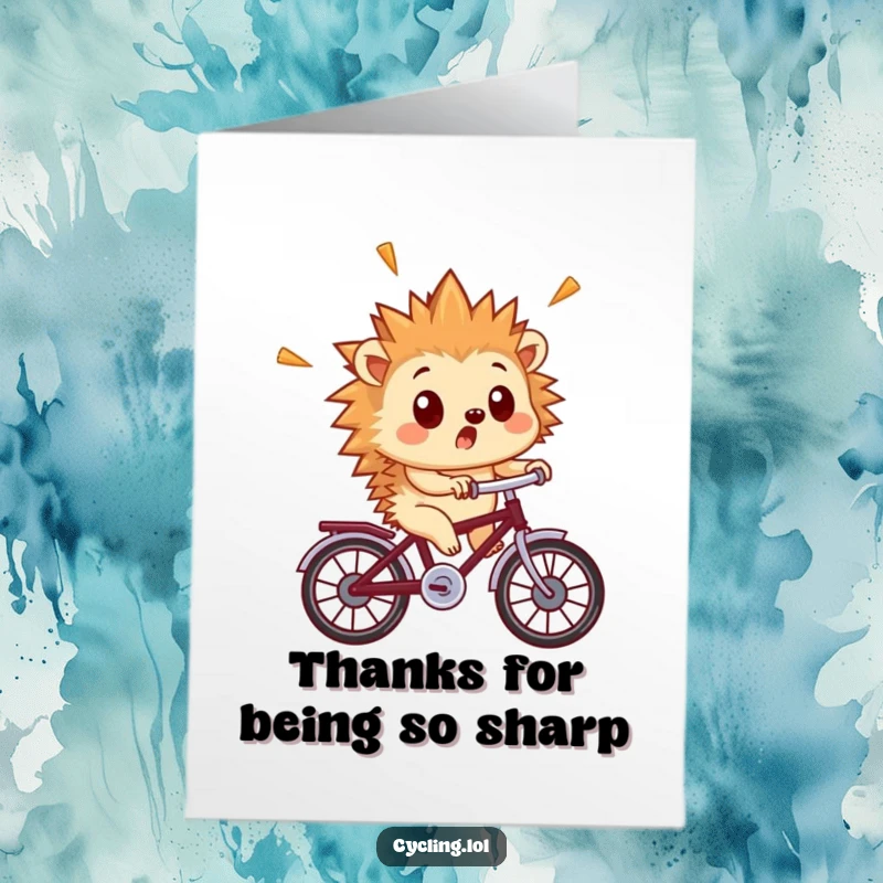 Funny Free Printable Thank You Card: Surprised hedgehog with quills flying, riding a bike to say thank you.