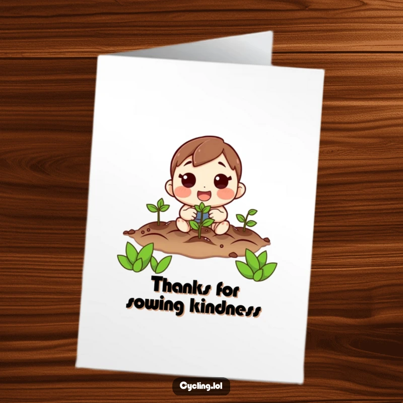 Funny Free Printable Thank You Card: A character planting seeds with an excited, hopeful face, conveying thanks.