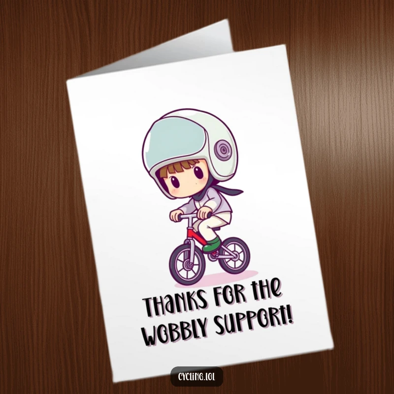 Funny Free Printable Thank You Card: Character in a large helmet, wobbling on a unicycle, a humorous thanks.