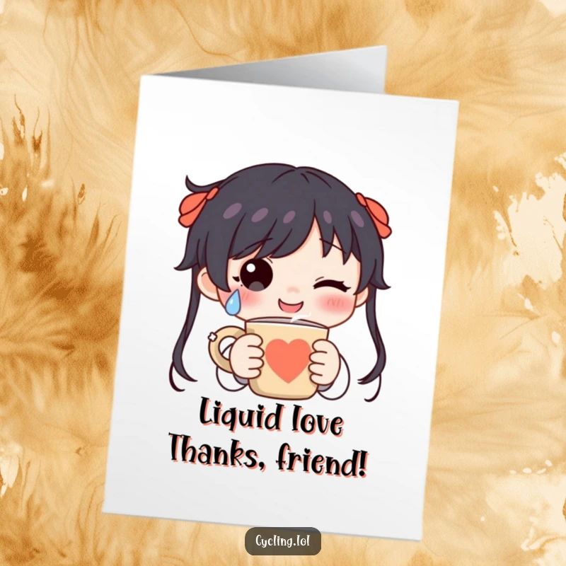 Funny free printable thank you card with a character shedding a happy tear while holding a steaming, comforting mug.