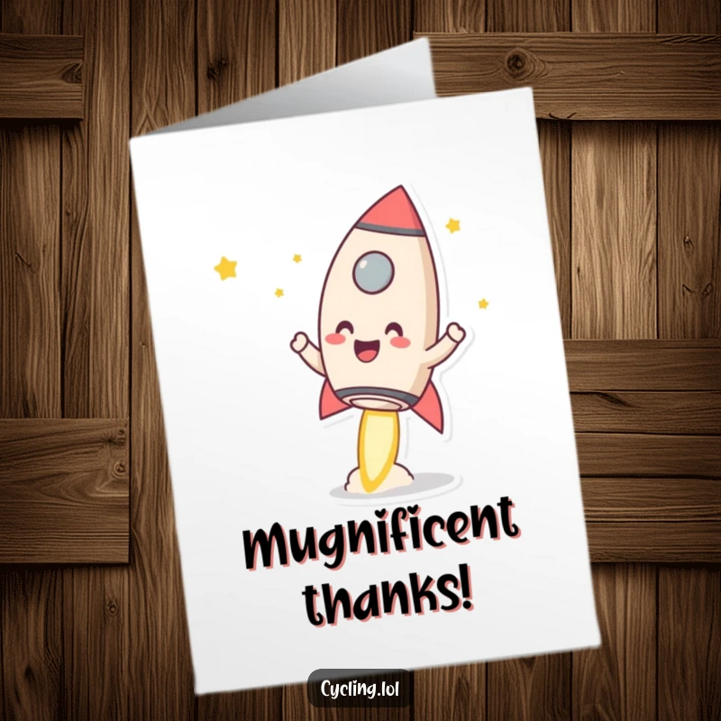 Funny free printable thank you card featuring a character launching a smiling mug like a rocket, conveying thanks with explosive, coffee-inspired humor.