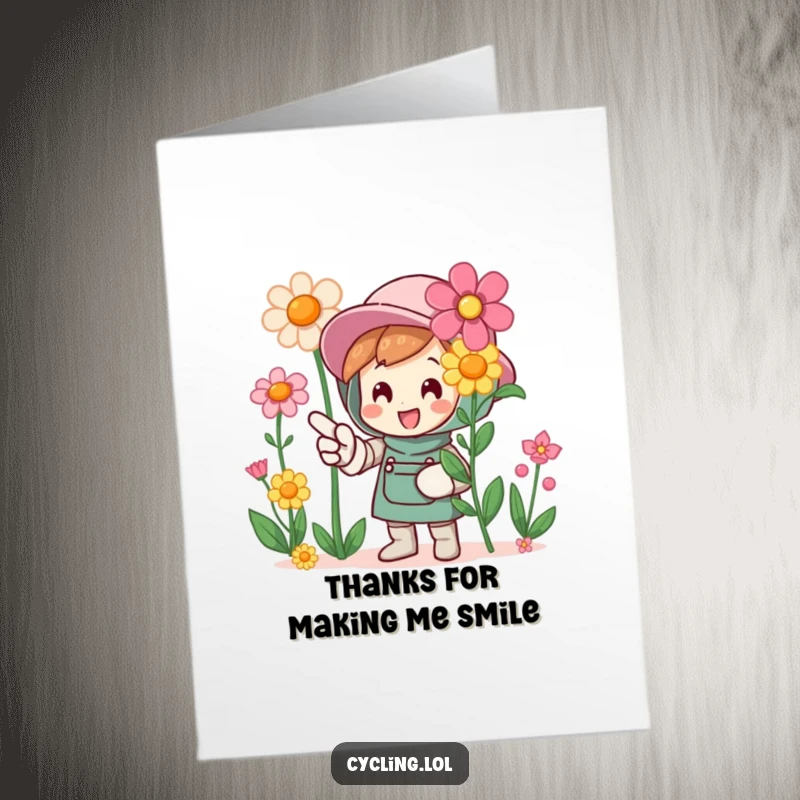 Funny Free Printable Thank You Card: Character with a gardening glove joyfully pointing at gorgeous blooming flowers.