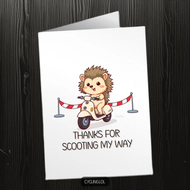 Funny Free Printable Thank You Card: A victorious hedgehog on a scooter crossing the finish line, a true thank you hero.