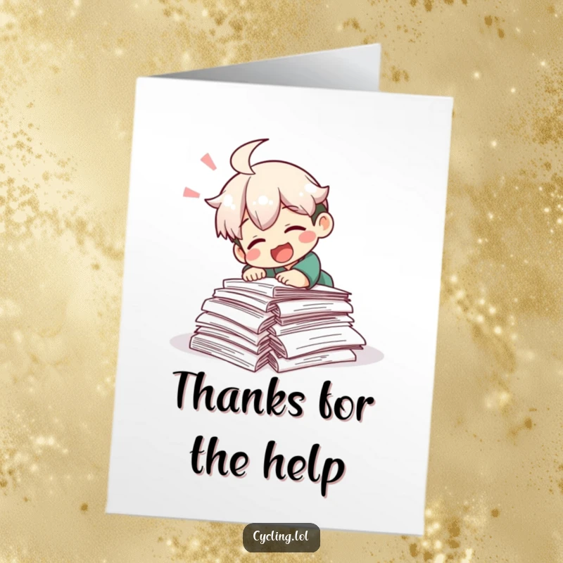 Funny Free Printable Thank You Card: Character comically trips on research papers, laughing it off—a humorous thank you for help.