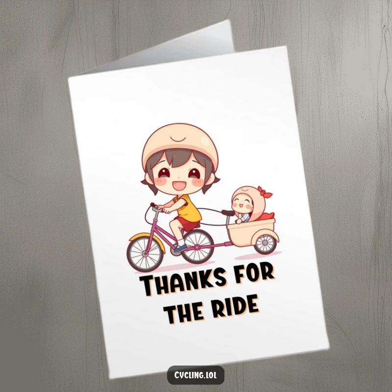 Funny free printable thank you card of a beaming character pulling a laughing passenger in a trailer, expressing thanks with joy.