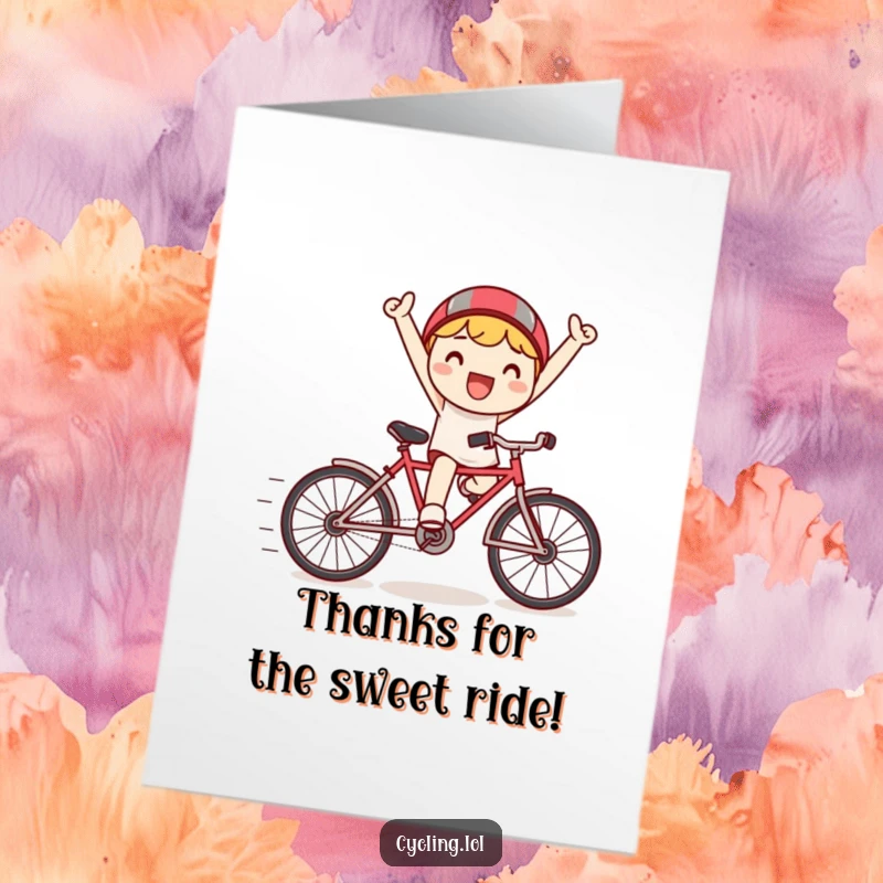 Funny Free Printable Thank You Card: a happy Kawaii character triumphantly riding a tiny bicycle with exaggerated speed lines.