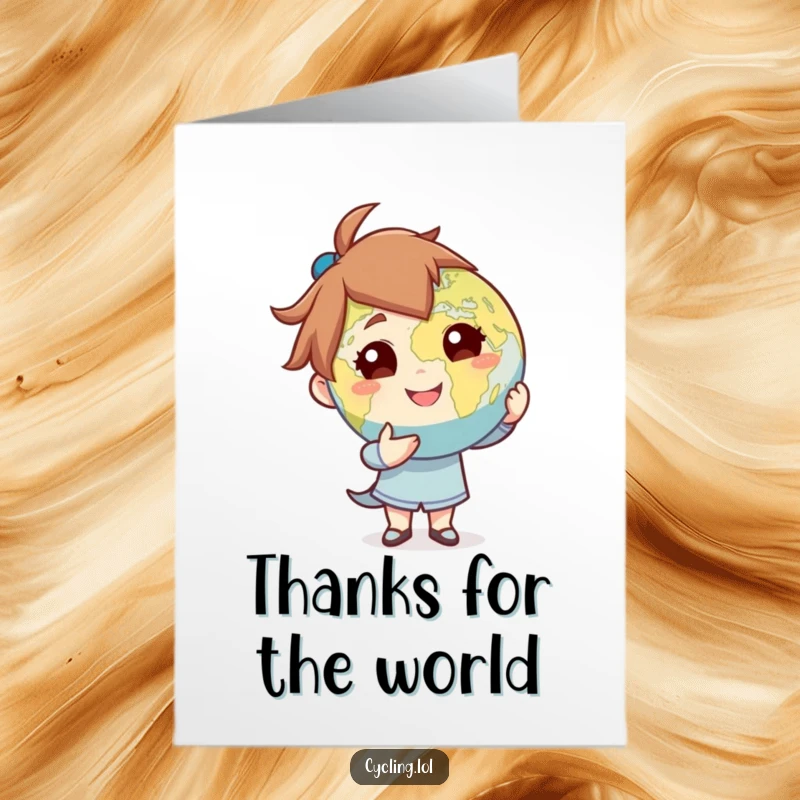Funny Free Printable Thank You Card of a character confidently presenting the world globe with a dramatic flourish, a gesture of immense thanks.