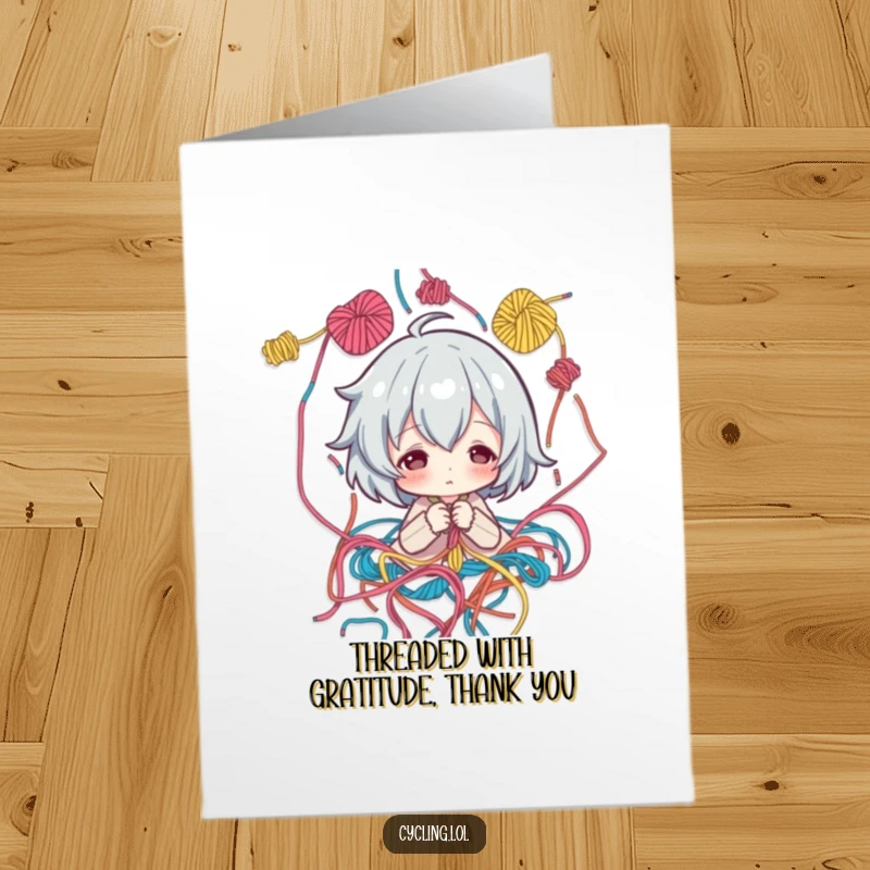 Funny Free Printable Thank You Card: character contemplates a pattern among colorful threads, expressing thanks with humor.