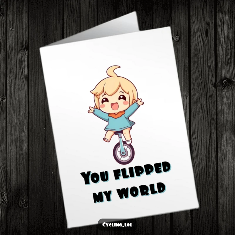 Funny Free Printable Thank You Card: Character joyfully upside down on a unicycle, eyes wide with fun. A quirky thanks.