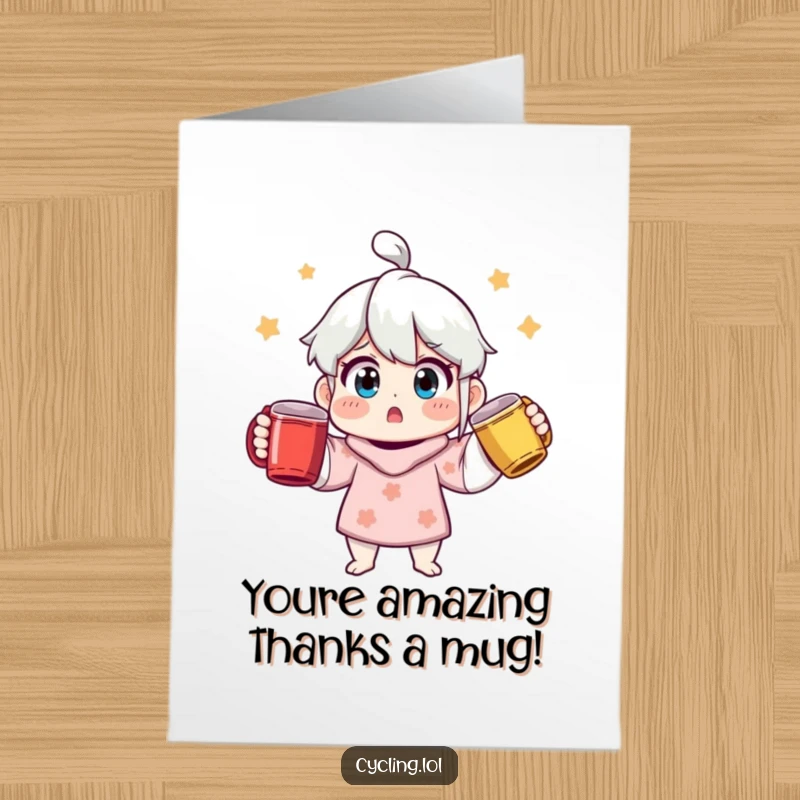 Funny free printable thank you card with a surprised character juggling three colorful mugs, expressing gratitude.