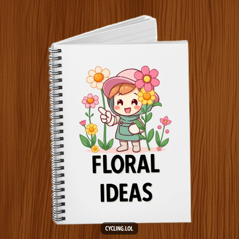 Funny notebook cover with a character pointing excitedly at blooming flowers, perfect for garden notes and creative writing.