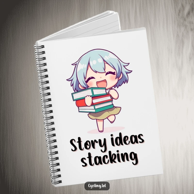 Funny Notebook with a joyful character precariously balancing a stack of books, ideal for jotting down notes with a literary theme.