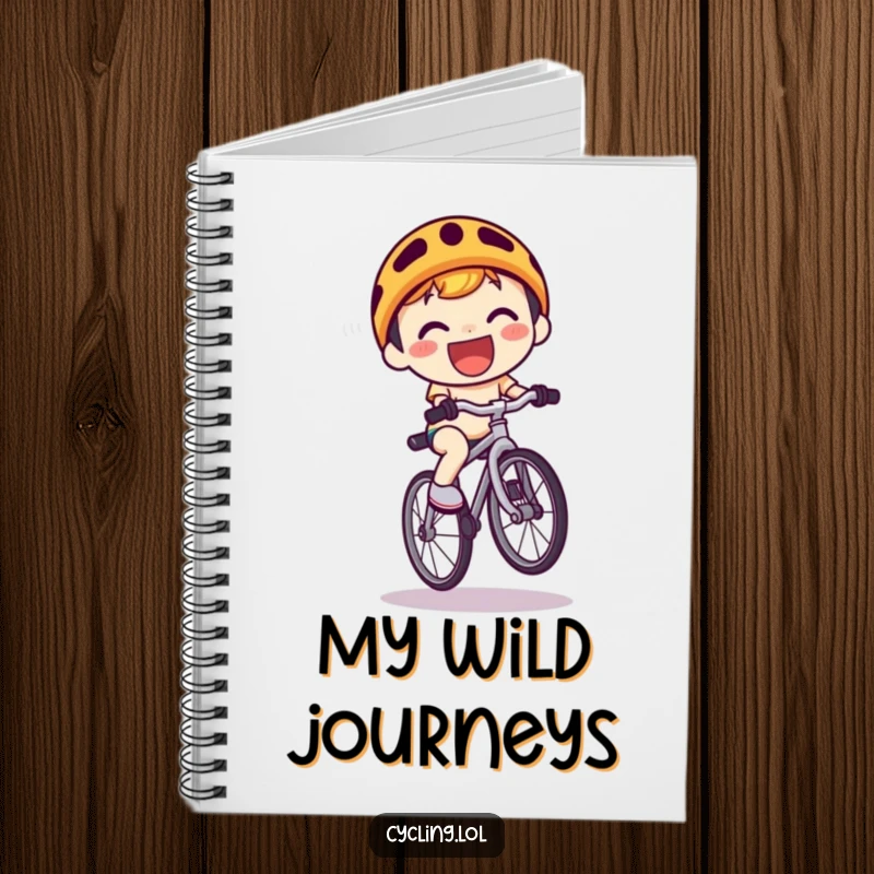 Funny Notebook: A grinning kawaii character performs a bicycle wheelie, perfect for jotting down adventures and creative ideas.