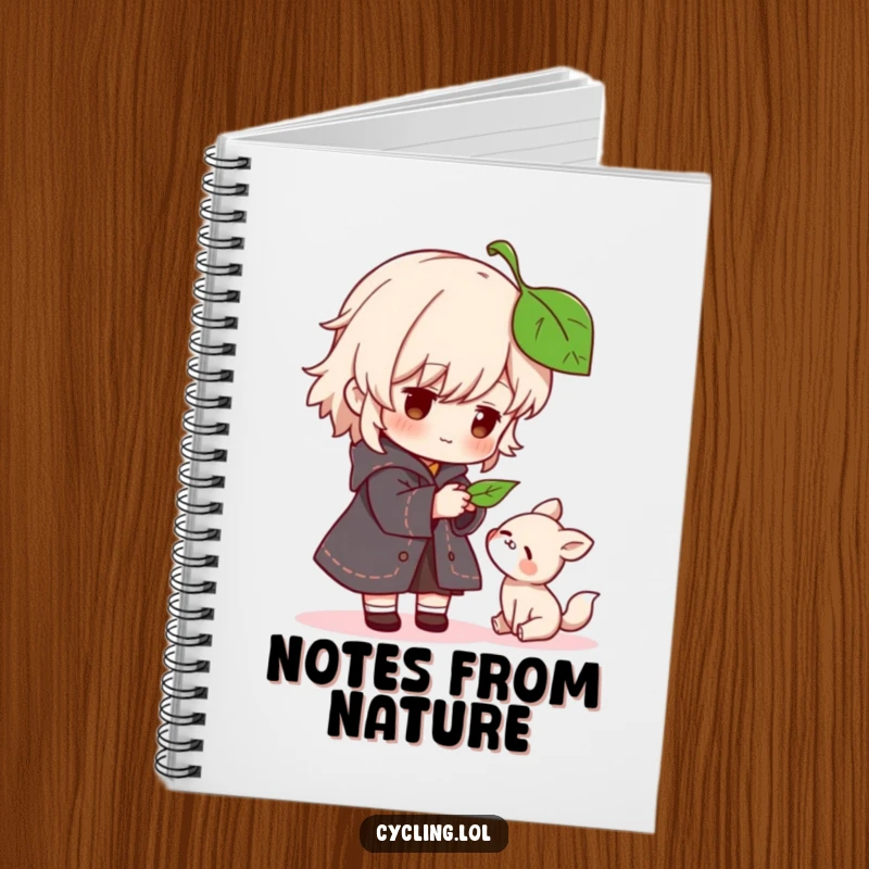 Funny notebook featuring a character gently offering a leaf to a small, grateful animal, perfect for journaling kind thoughts.