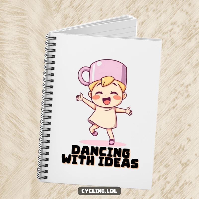 Funny character wearing a mug as a hat, dancing joyfully, on a notebook, perfect for jotting down fun ideas.