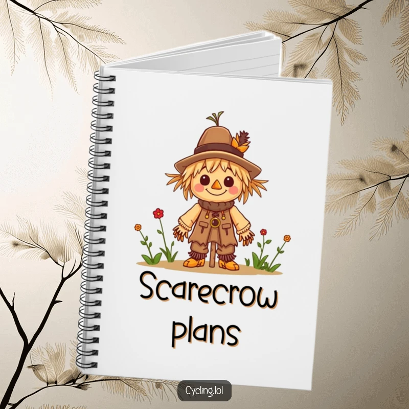 Funny notebook cover with a character cheerfully building a small scarecrow, perfect for note-taking and creative planning.