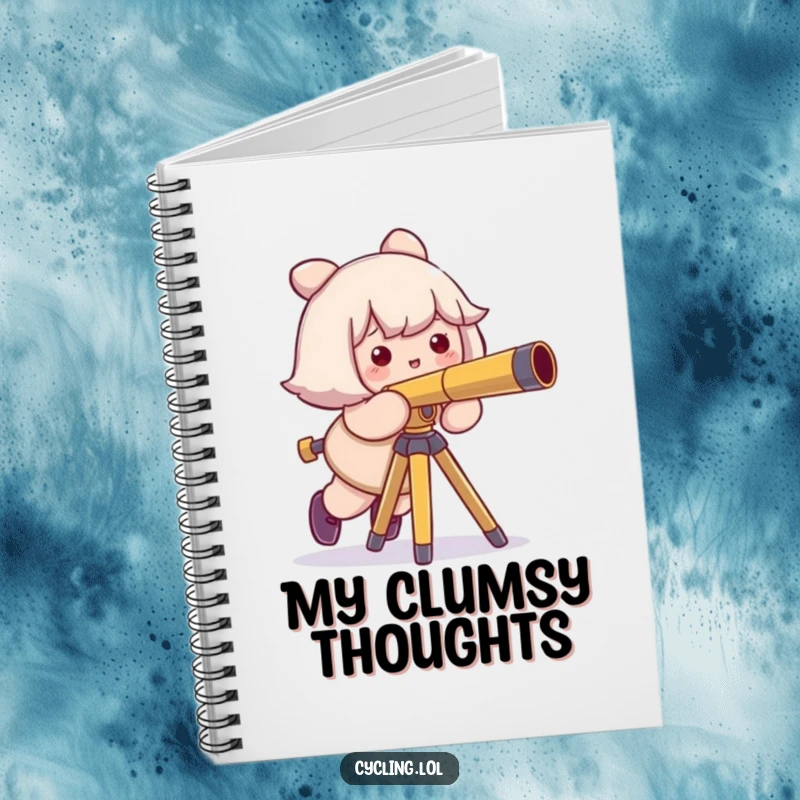 Funny notebook cover featuring a character comically tripping over a telescope tripod, ideal for note-taking with a humorous twist.