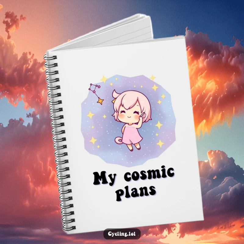 Funny notebook cover featuring a character artistically drawing a constellation with a flourish on a star-filled night sky.