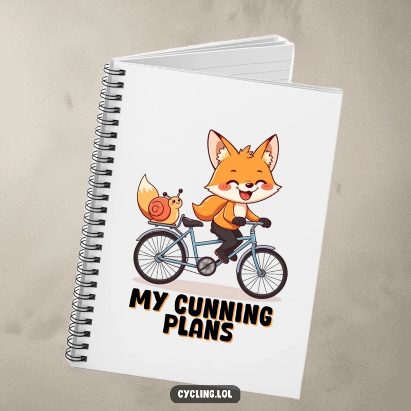 Funny notebook with a grinning fox and snail pedaling a tandem bike, ideal for jotting down ideas with humor.