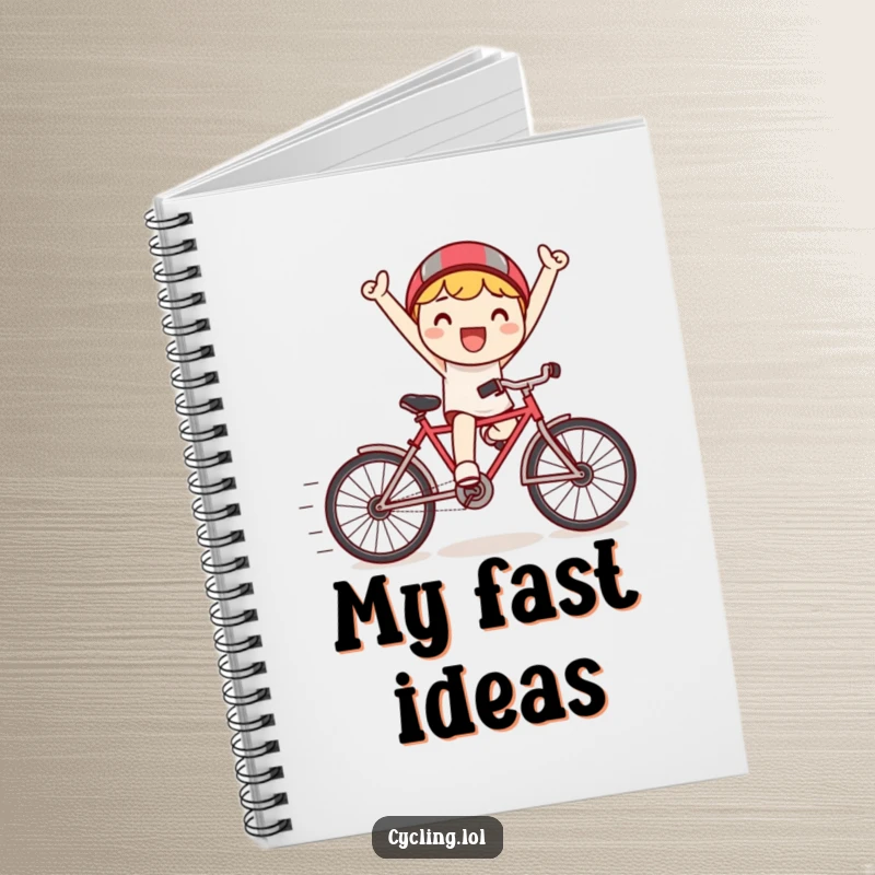 Funny notebook with a happy Kawaii character riding a tiny bicycle with exaggerated speed lines, inspiring creative writing and notes.