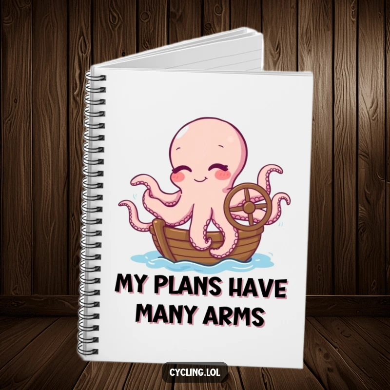 Funny notebook with a winking octopus humorously attempting to steer a boat using all its tentacles, for jotting down nautical musings.