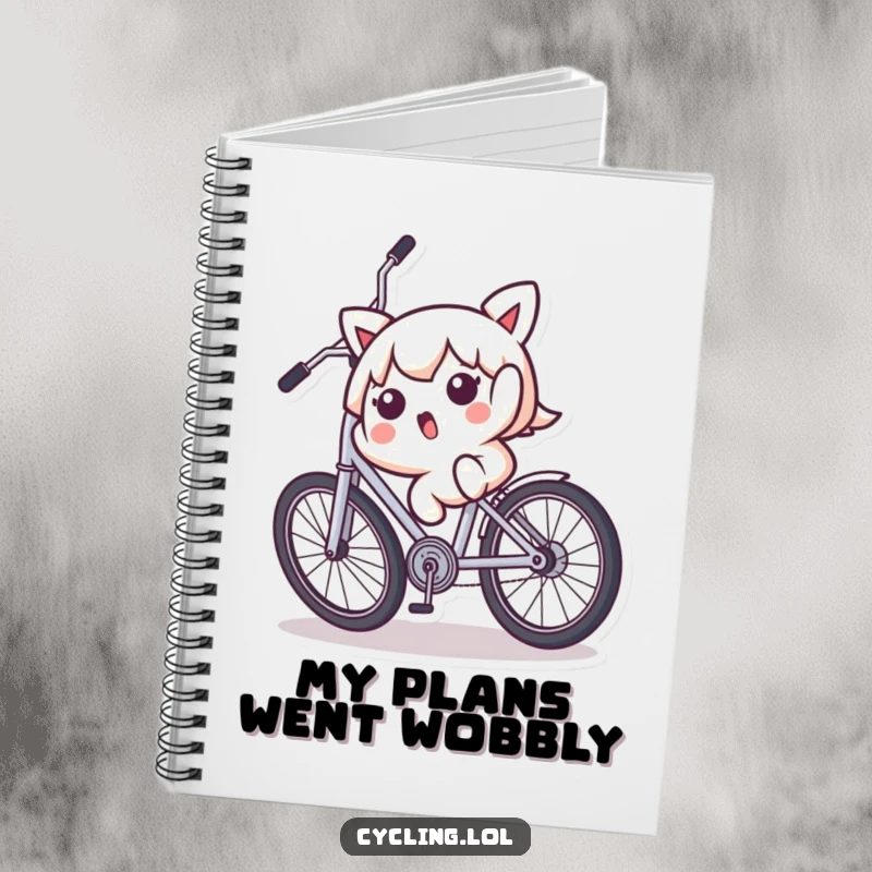 Funny notebook with a surprised Kawaii character falling backward off a wobbly bicycle, inspiring creative writing and notes on mishaps.