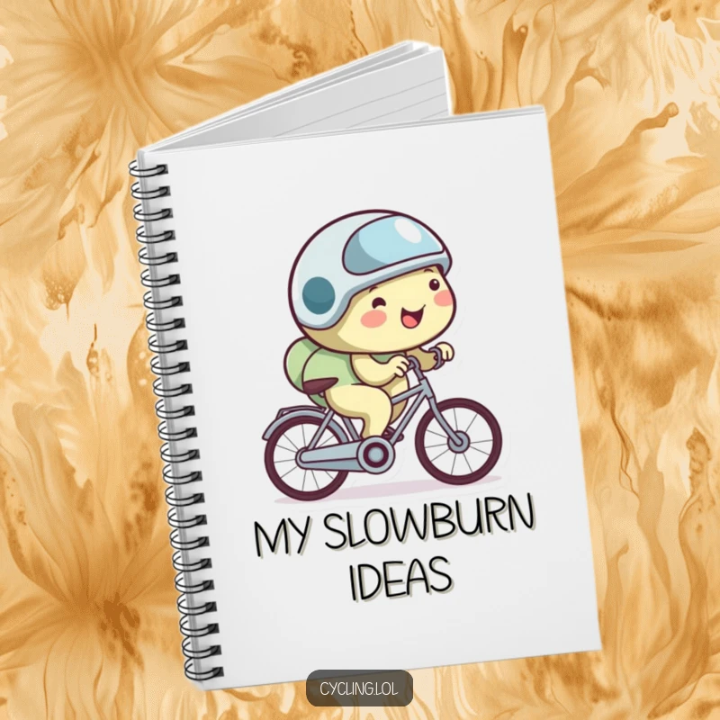Funny snail notebook showing a happy snail in a tiny helmet, cycling very slowly, great for journaling.