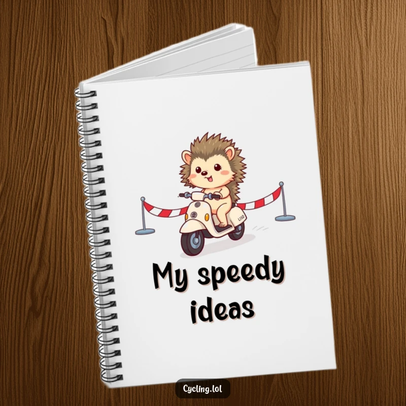 Funny notebook with a small hedgehog crossing a finish line on a scooter, ideal for jotting down victories with humor.