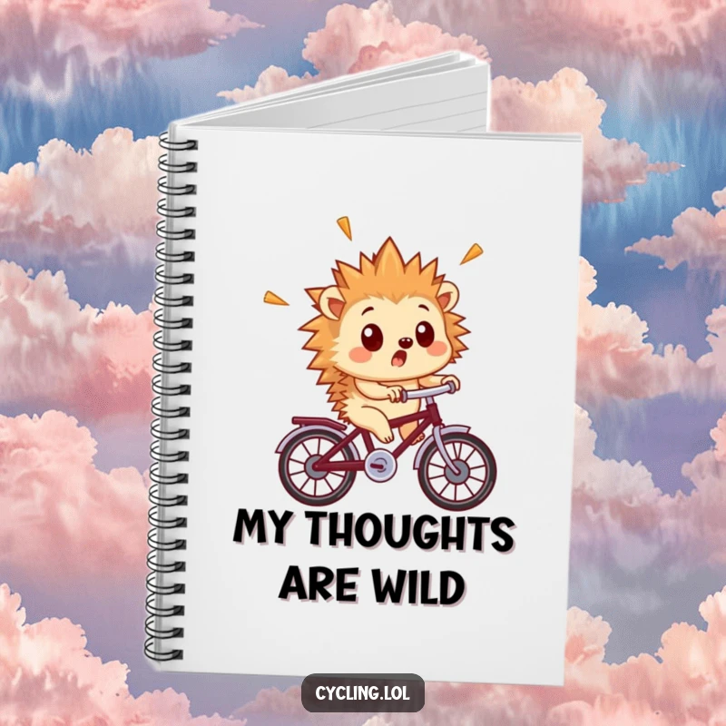Funny hedgehog notebook showing a surprised hedgehog with quills flying as it rides a tiny bicycle, ideal for journaling.