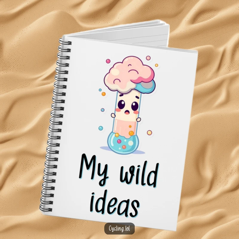 Funny Notebook with a surprised character observing a test tube erupting with colorful foam, ideal for jotting down notes with humor.