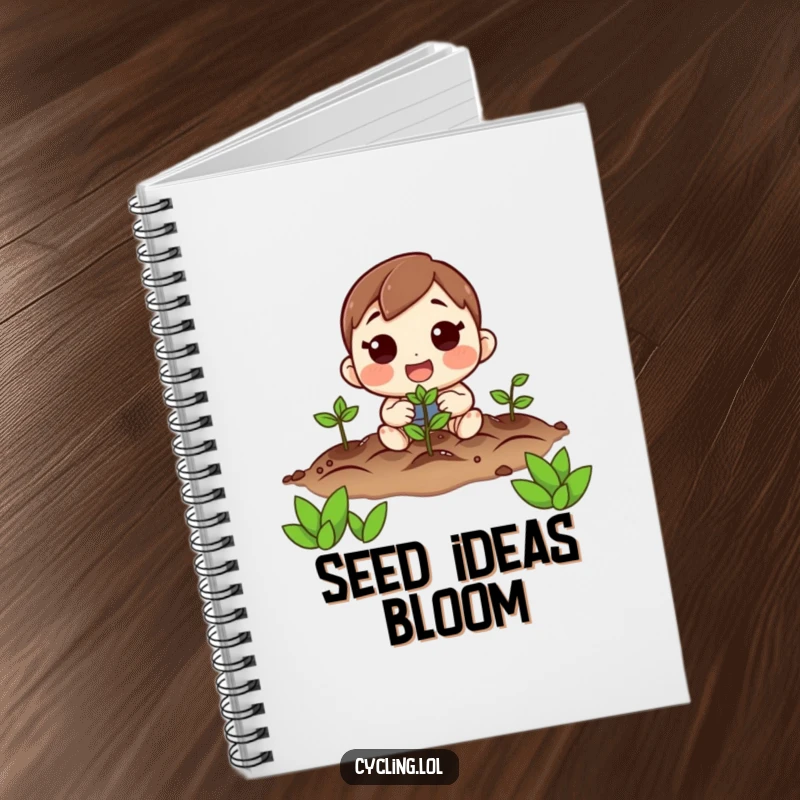 Funny notebook cover with a character planting seeds energetically, inspiring hope and creativity for gardeners.