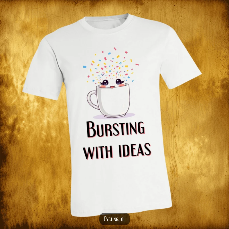 Funny t-shirt depicting a character with sparkling eyes and confetti exploding from a mug, signifying an energetic and fun moment.
