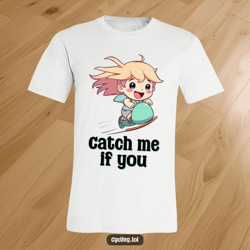 Funny speed t-shirt featuring a character joyfully speeding downhill with hair flying and a big, happy smile.