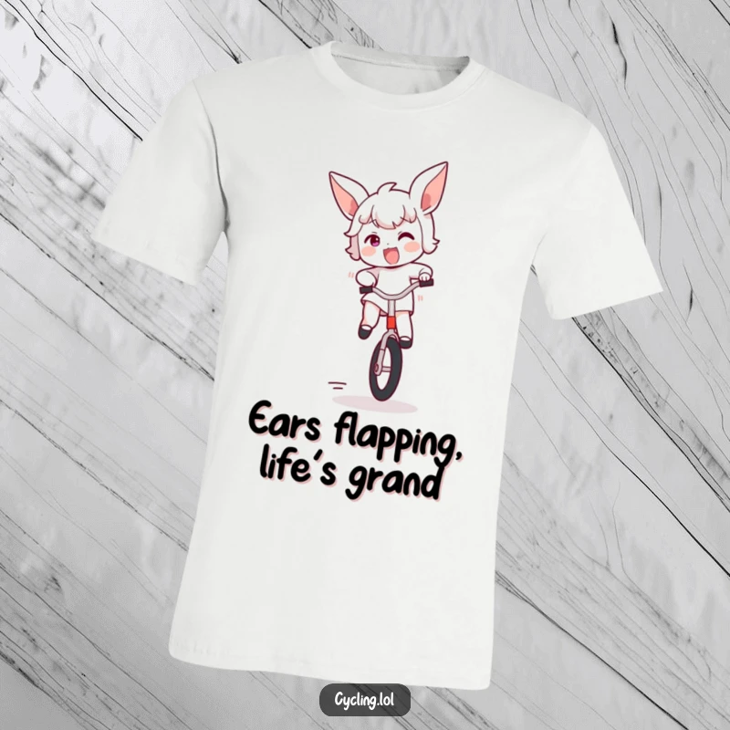 Funny t-shirt featuring a character joyfully bouncing on a unicycle, ears flapping dynamically, conveying infectious excitement and fun.