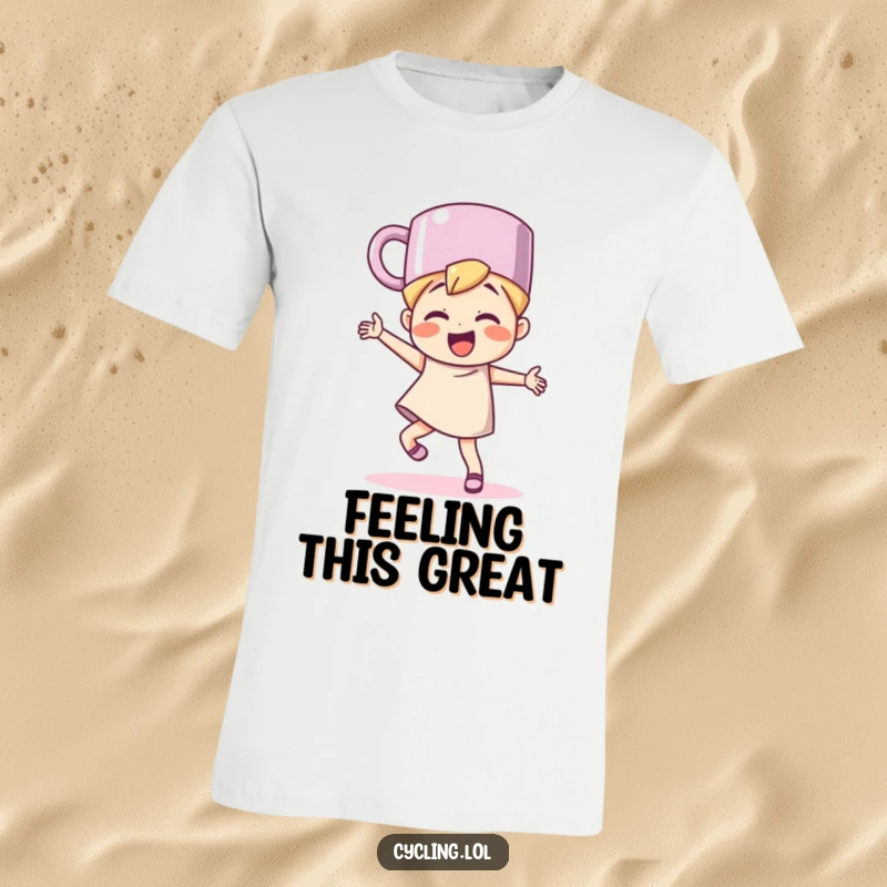 Funny character in a t-shirt, wearing a mug as a hat, dancing ecstatically, representing playful celebration and coffee enthusiasm.