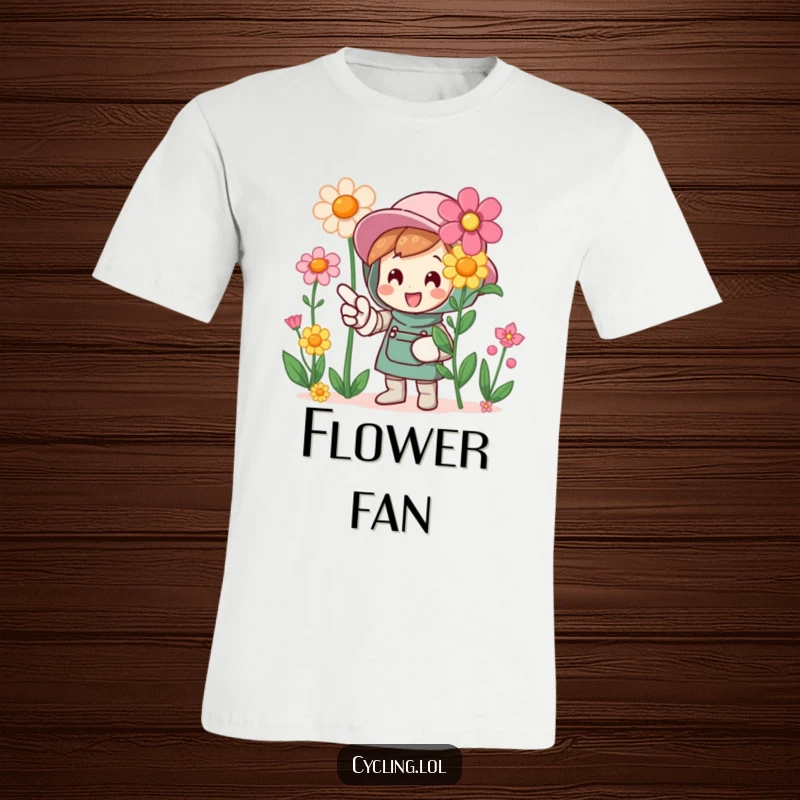 Funny t-shirt depicting a character wearing a gardening glove, excitedly pointing at vibrant blooming flowers, celebrating nature's beauty.