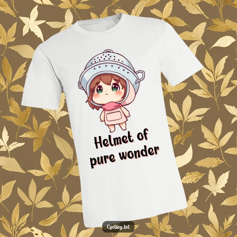 Funny t-shirt featuring a character with a colander helmet gazing upwards in awe, embodying quirky exploration.