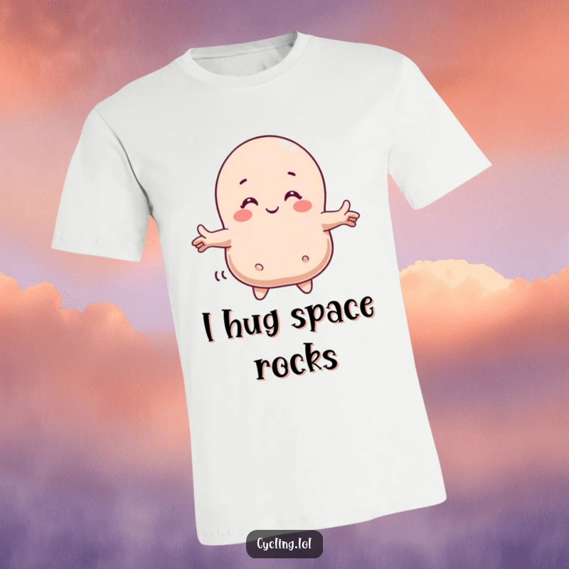 Funny t-shirt of a character with open arms, happily hugging a cheerful comet, celebrating interstellar friendship in space.
