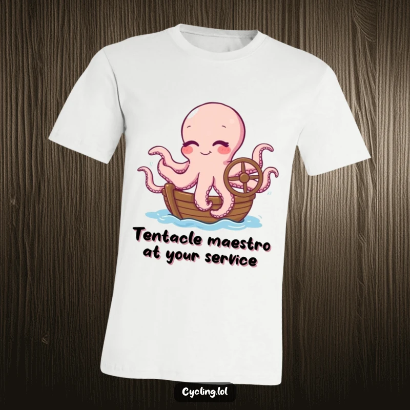 Funny t-shirt featuring a winking octopus with multiple tentacles humorously steering a boat, depicting a comical and chaotic maritime adventure.