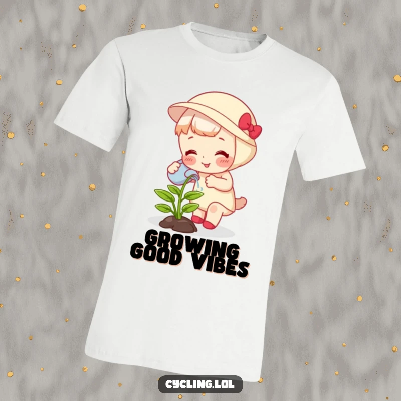 Funny t-shirt showing a character watering a plant that's audibly giggling and rapidly growing, a playful garden scene.