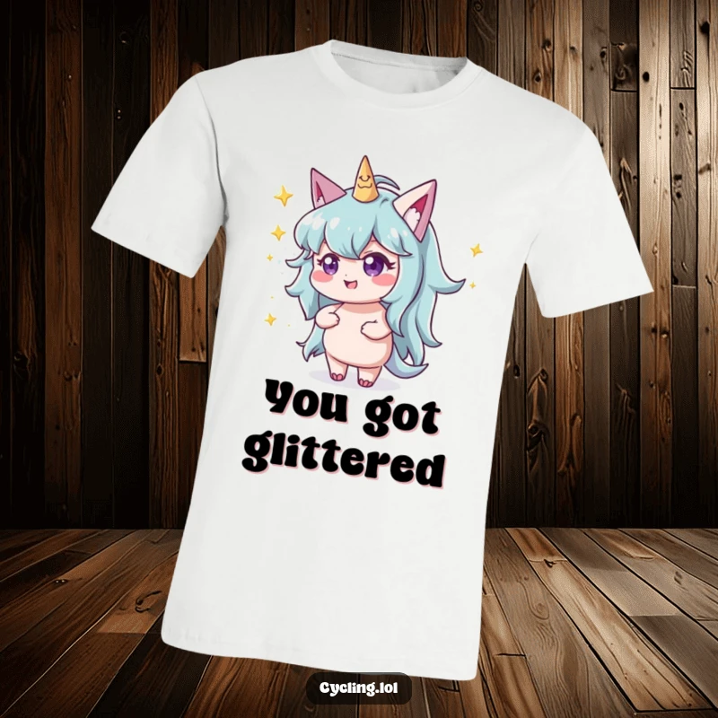 Funny character with a mischievous twinkle throwing glittery stardust on a t-shirt, radiating playful energy.